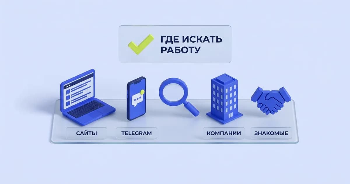 Лупа над ноутбуком, телефоном, зданием компании и рукопожатием — каналы поиска работы кроме hh.ru