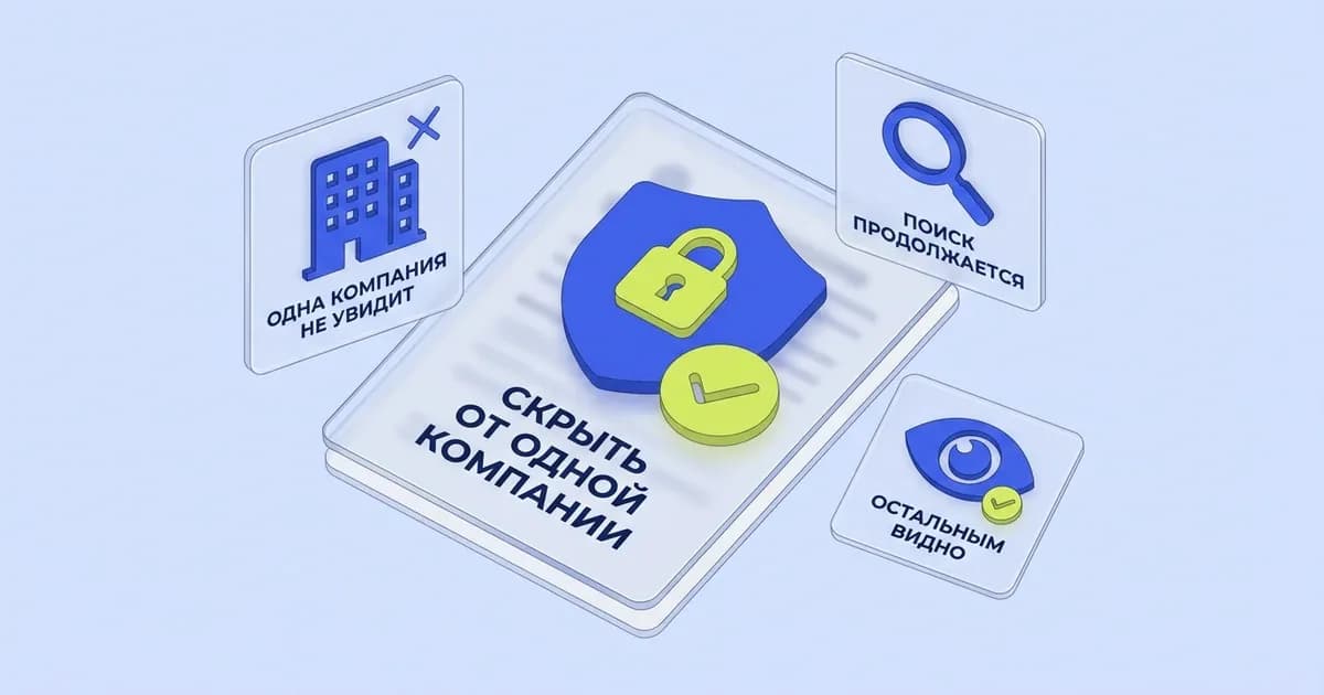 Иллюстрация настроек приватности анкеты с замком на щите и иконками блокировки доступа для конкретных фирм