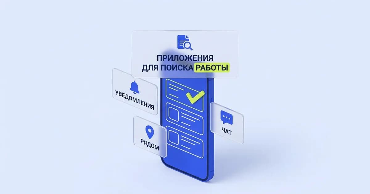 Смартфон со списком вакансий и табличками «Уведомления», «Рядом», «Чат» — приложения для поиска работы