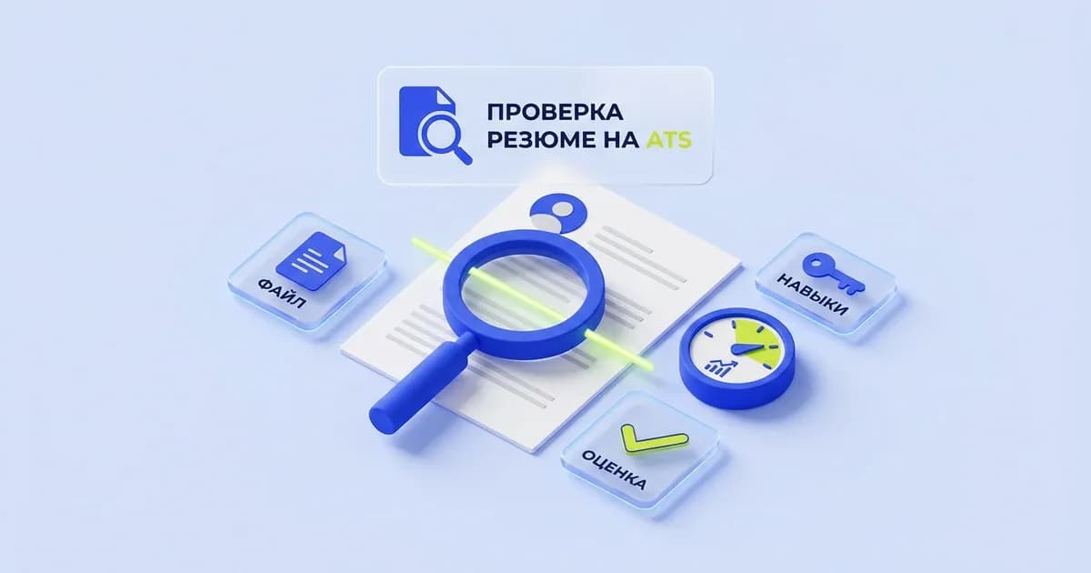 Резюме под лупой со шкалой оценки и табличками «Файл», «Навыки», «Оценка» — проверка резюме на ATS